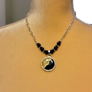 KC Silver Tone Chain Necklace w Black & Gold Accents Pendant 16-19" Jewelry Cute